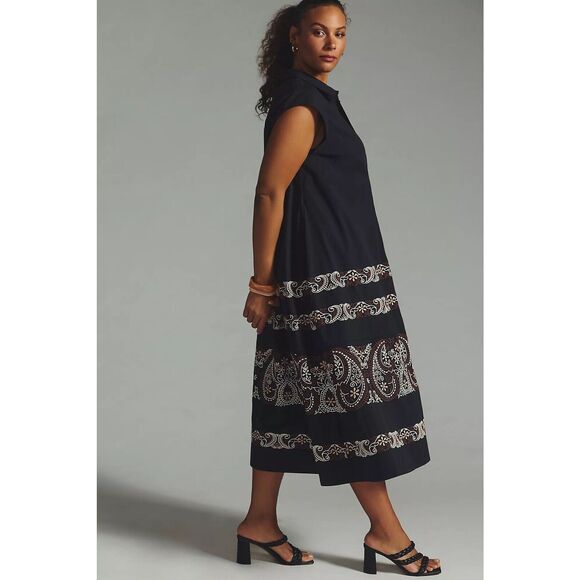New Anthropologie Embroidered Midi Swing Black Shirt Dress Medium - Picture 4 of 13